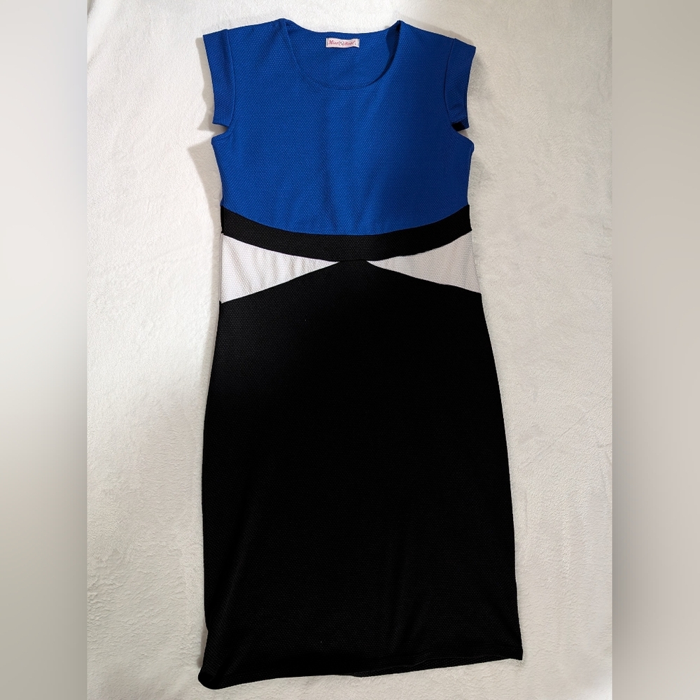Miss Rose Blue and Black Colorblock Dress, Size Large, Stretchy Material